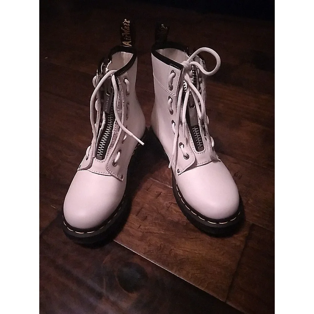 Dr. Martens Zip Front Leather Ankle Boots White Fashion Combat Boots‎